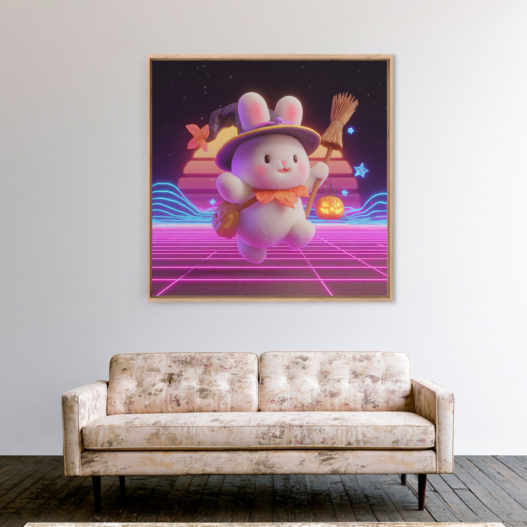 The Bunny Witch, Retro Neon Halloween Art, Square Wall Art, Framed Canvas Print, Retro Halloween Decor, Neon Wall Art