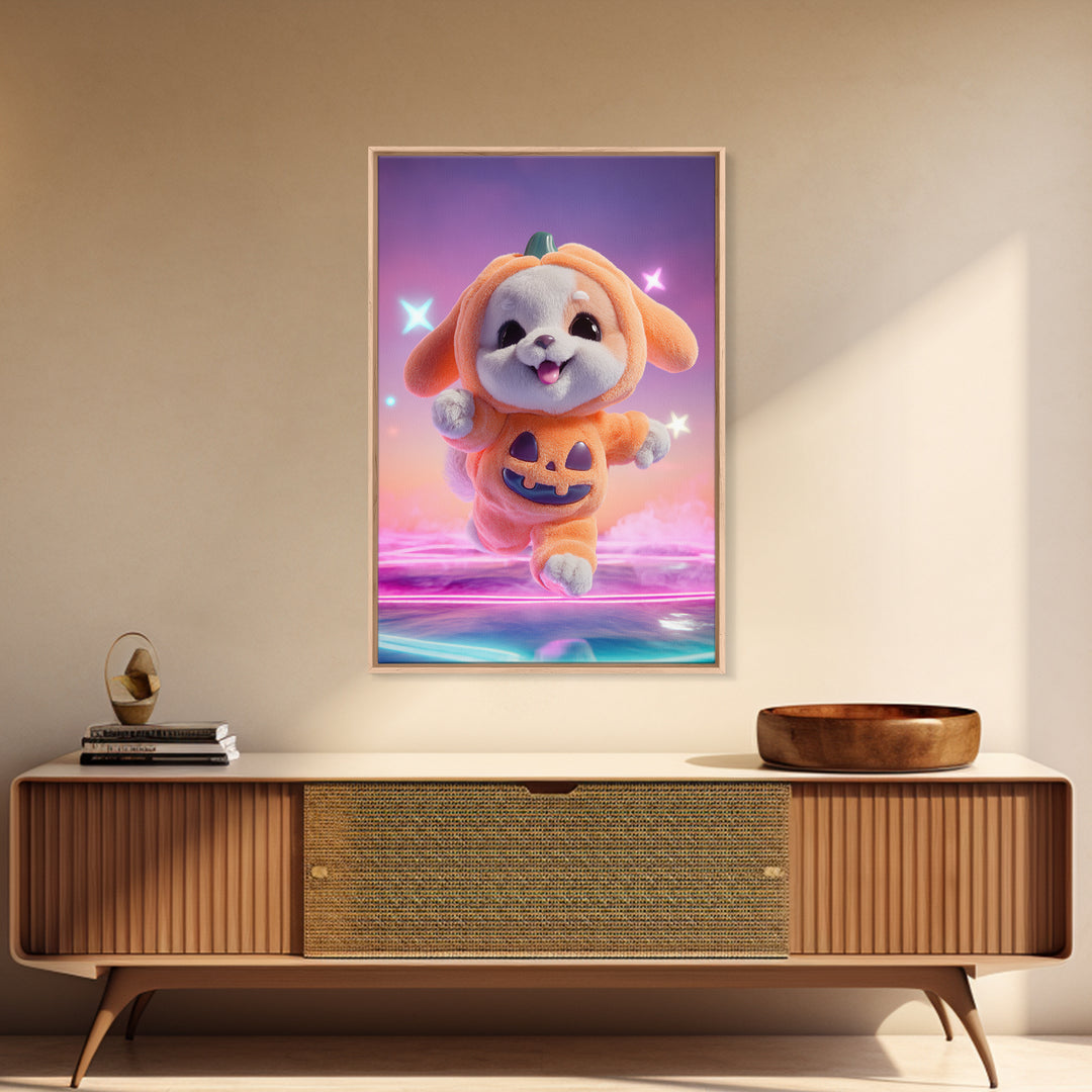 The Pumpkin Puppy, 80s Halloween Wall Art, Vertical Wall Art, Framed Canvas Print, Retro Halloween Decor, Neon Wall Art, Dark Fantasy Art