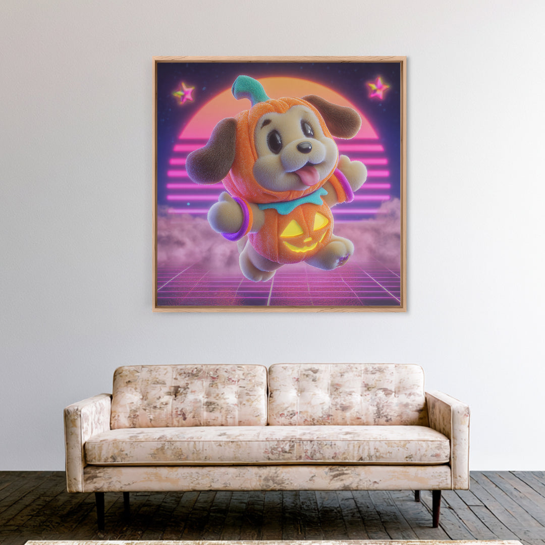 The Pumpkin Puppy, 80s Halloween Wall Art, Square Wall Art, Canvas Print, Retro Halloween Decor, Neon Wall Art, Collectible Wall Decor