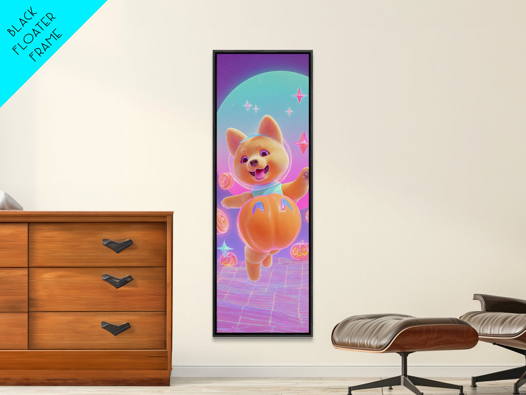 The Pumpkin Puppy, Retro Neon Halloween Art, Tall Narrow Wall Art, Canvas Print, Retro Halloween Decor, Neon Wall Art