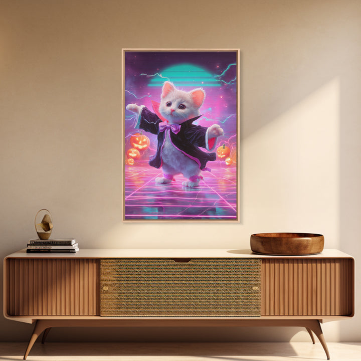 The Kitten Vampire, Cute Spooky Neon Art, Vertical Wall Art, Canvas Print, Retro Halloween Decor, Neon Wall Art, Horror Wall Art