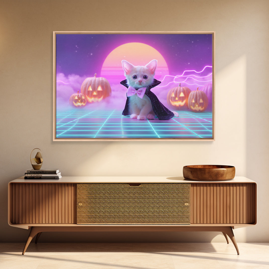 The Kitten Vampire, 80s Halloween Wall Art, Landscape Wall Art, Framed Canvas Print, Retro Halloween Decor, Neon Wall Art, Horror Wall Art