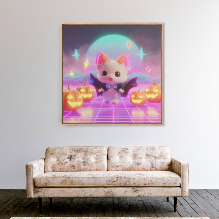 The Kitten Vampire, Vaporwave Halloween Decor, Square Wall Art, Canvas Print, Retro Halloween Decor, Neon Wall Art, Collectible Wall Decor