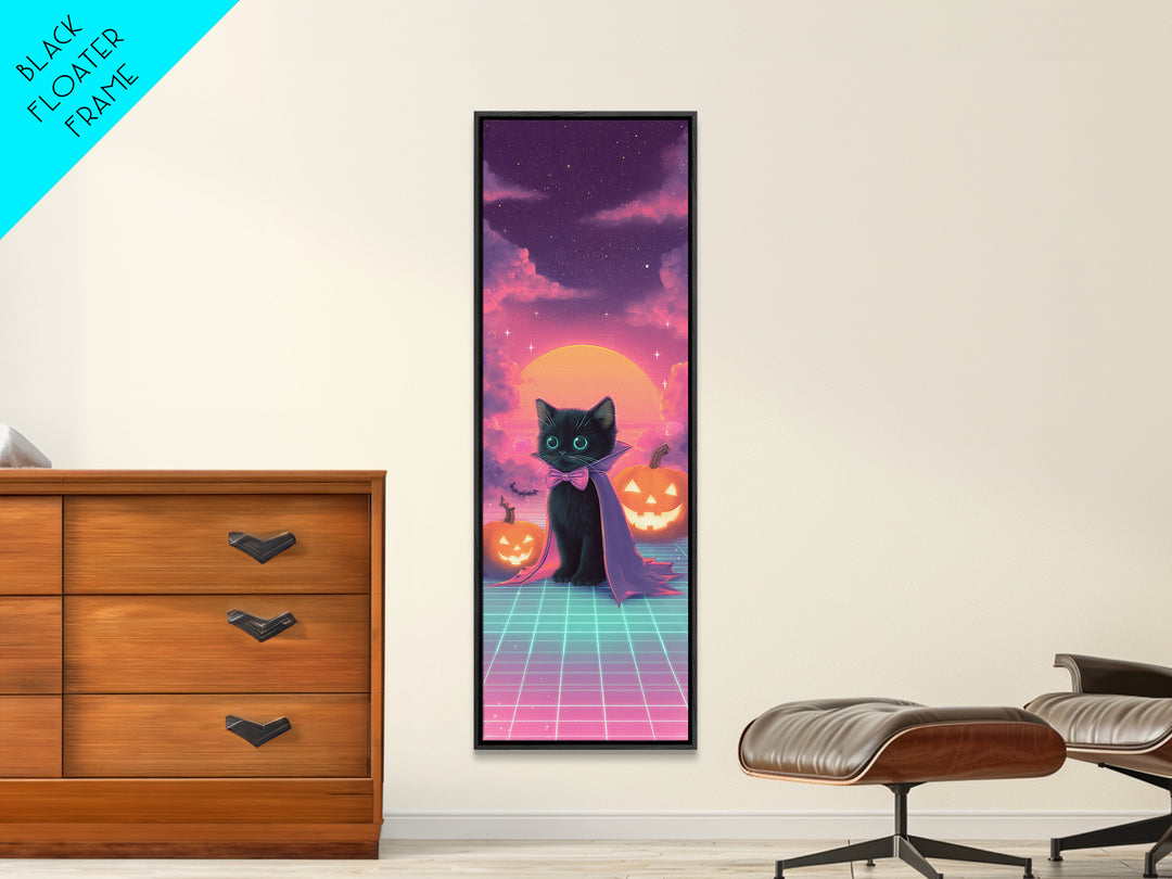 The Kitten Vampire, 80s Halloween Wall Art, Tall Narrow Wall Art, Framed Canvas Print, Retro Halloween Decor, Neon Wall Art