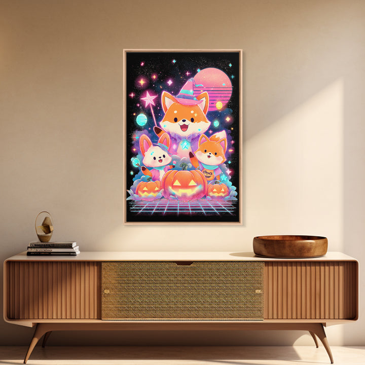 The Fox Wizard, Cute Spooky Neon Art, Vertical Wall Art, Framed Canvas Print, Retro Halloween Decor, Neon Wall Art, Horror Wall Art