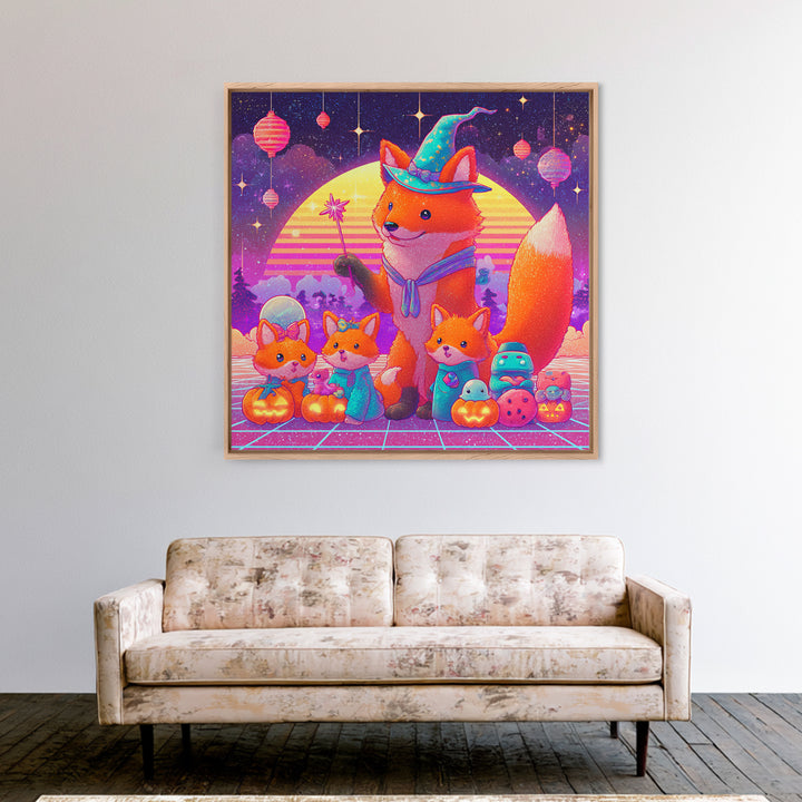 The Fox Wizard, 80s Halloween Wall Art, Square Wall Art, Framed Canvas Print, Retro Halloween Decor, Neon Wall Art, Gothic Home Decor