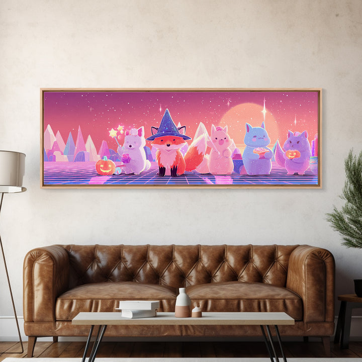 The Fox Wizard, Synthwave Halloween Art, Extra Wide Wall Art, Framed Canvas Print, Retro Halloween Decor, Neon Wall Art, Gothic Home Decor