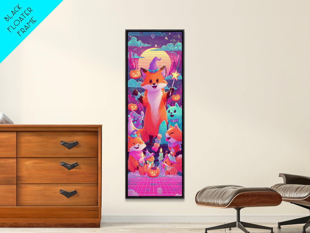 The Fox Wizard, 80s Halloween Wall Art, Tall Narrow Wall Art, Canvas Print, Retro Halloween Decor, Neon Wall Art, Dark Fantasy Art
