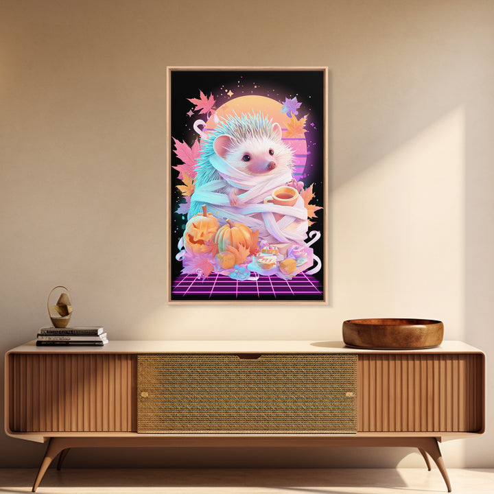 The Hedgehog Mummy, Retro Neon Halloween Art, Vertical Wall Art, Canvas Print, Retro Halloween Decor, Neon Wall Art, Macabre Wall Art