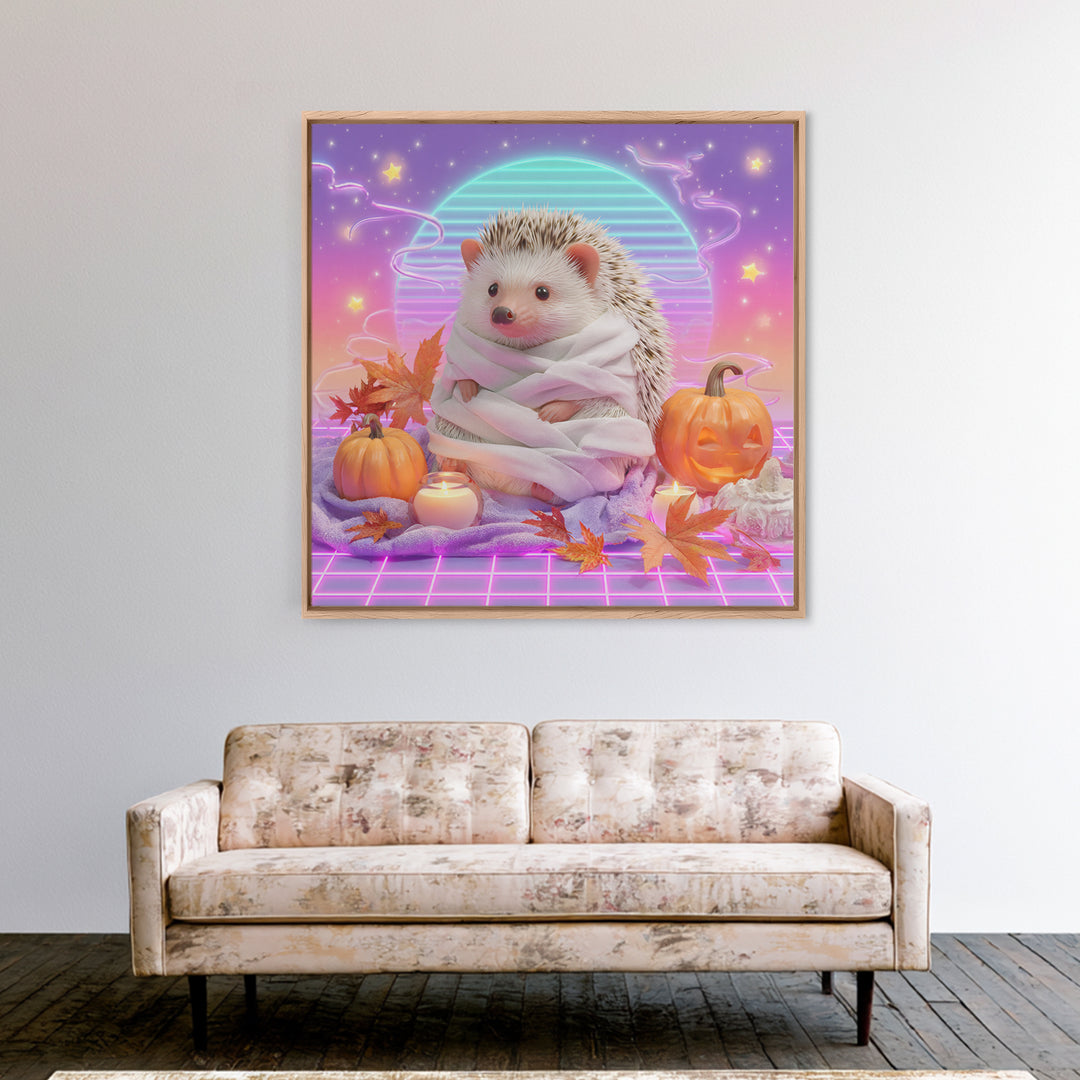 The Hedgehog Mummy, Retro Neon Halloween Art, Square Wall Art, Framed Canvas Print, Retro Halloween Decor, Neon Wall Art