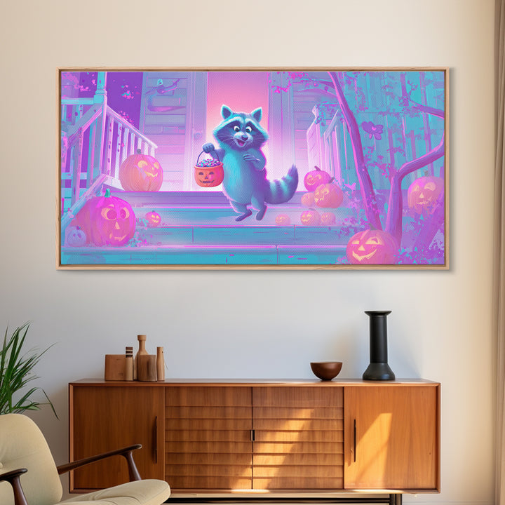 The Raccoon Trick-Or-Treater, Cute Spooky Neon Art, Wide Panoramic Art, Canvas Print, Retro Halloween Decor, Neon Wall Art