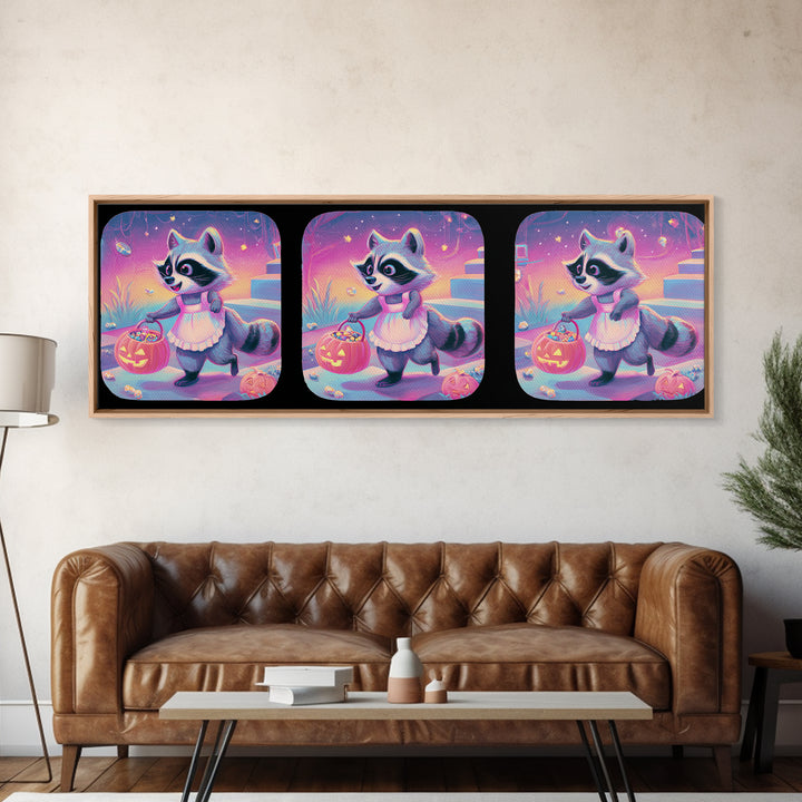 The Raccoon Trick-Or-Treater, Retro Neon Halloween Art, Extra Wide Wall Art, Framed Canvas Print, Retro Halloween Decor, Neon Wall Art