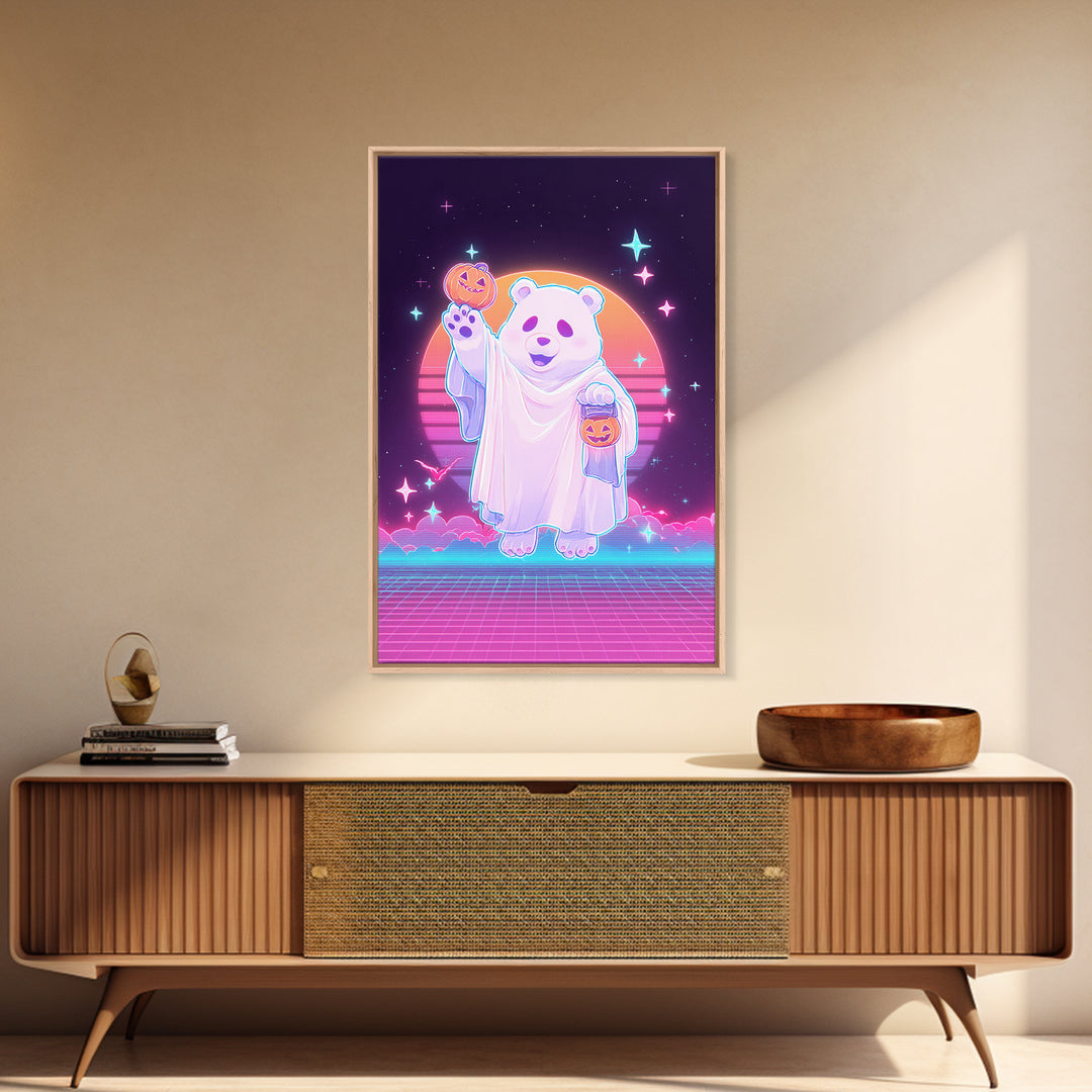 The Bear Cub Ghost, Vaporwave Halloween Decor, Vertical Wall Art, Framed Canvas Print, Retro Halloween Decor, Neon Wall Art, Horror Wall Art