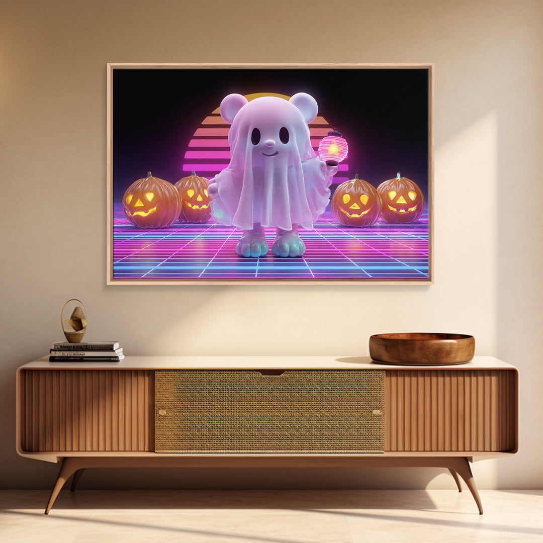 The Bear Cub Ghost, 80s Halloween Wall Art, Landscape Wall Art, Framed Canvas Print, Retro Halloween Decor, Neon Wall Art
