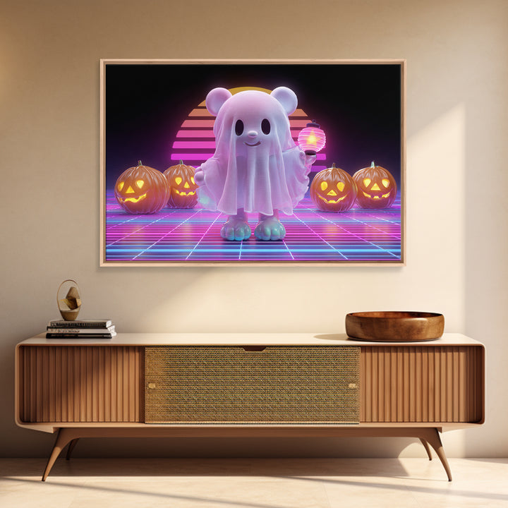 The Bear Cub Ghost, 80s Halloween Wall Art, Landscape Wall Art, Framed Canvas Print, Retro Halloween Decor, Neon Wall Art