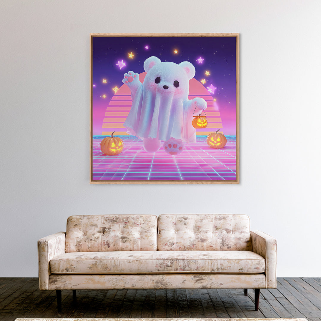The Bear Cub Ghost, 80s Halloween Wall Art, Square Wall Art, Framed Canvas Print, Retro Halloween Decor, Neon Wall Art