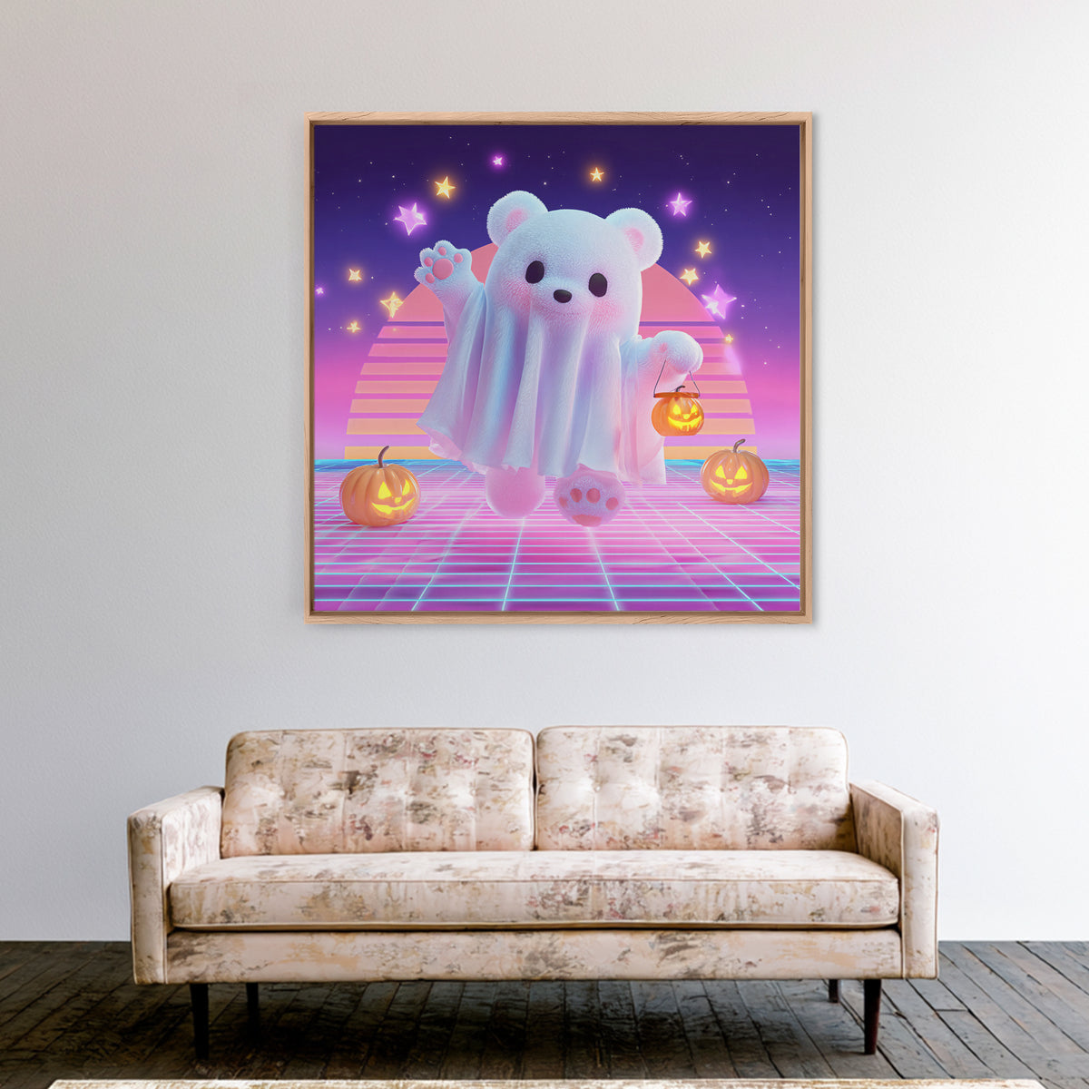 The Bear Cub Ghost, 80s Halloween Wall Art, Square Wall Art, Framed Canvas Print, Retro Halloween Decor, Neon Wall Art