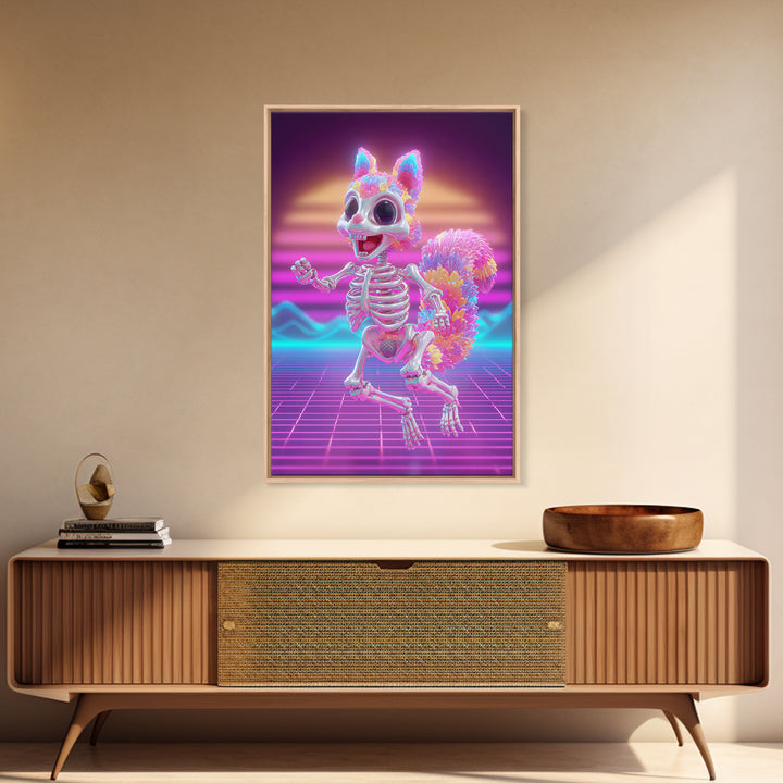 The Squirrel Skeleton, Vaporwave Halloween Decor, Vertical Wall Art, Canvas Print, Retro Halloween Decor, Neon Wall Art