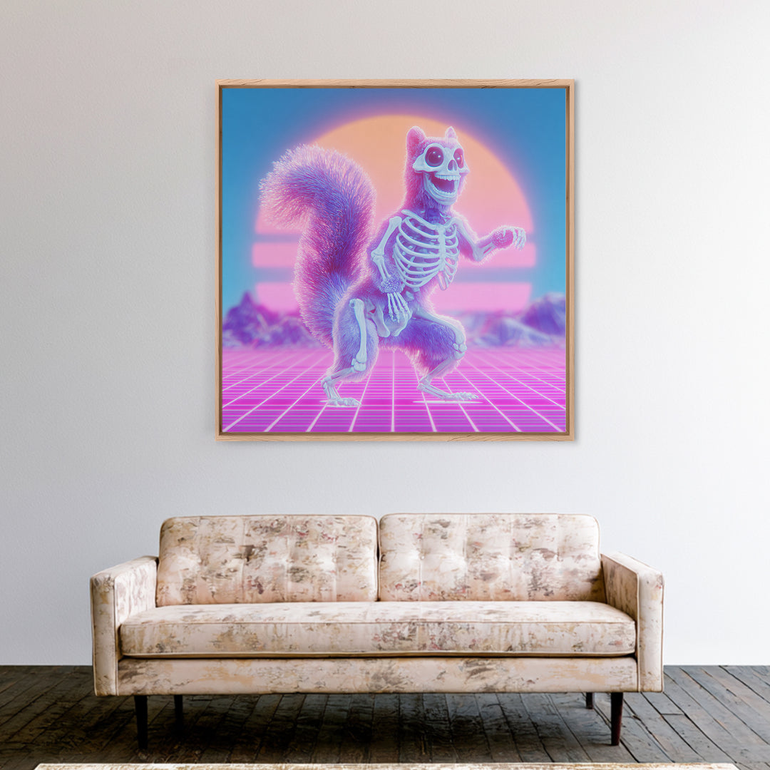 The Squirrel Skeleton, Cute Spooky Neon Art, Square Wall Art, Canvas Print, Retro Halloween Decor, Neon Wall Art, Spooky Wall Decor