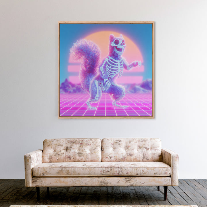 The Squirrel Skeleton, Cute Spooky Neon Art, Square Wall Art, Canvas Print, Retro Halloween Decor, Neon Wall Art, Spooky Wall Decor