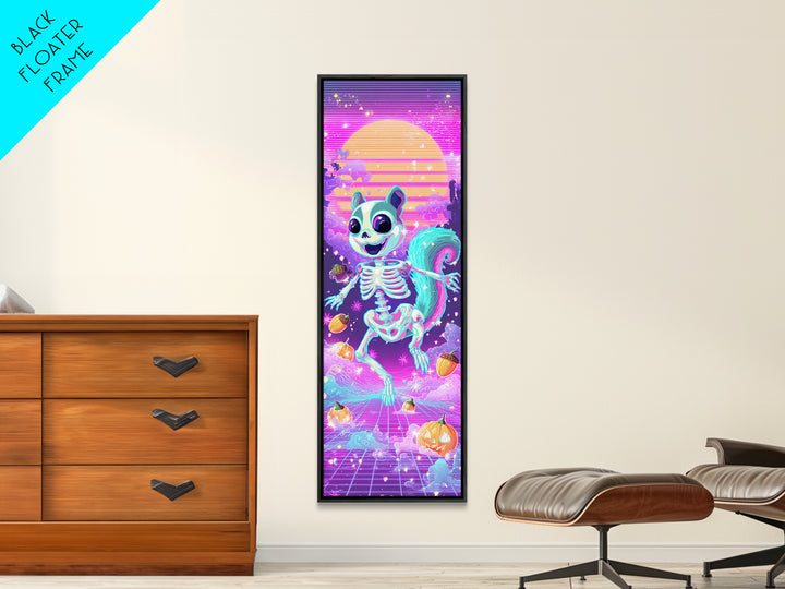 The Squirrel Skeleton, Synthwave Halloween Art, Tall Narrow Wall Art, Framed Canvas Print, Retro Halloween Decor, Neon Wall Art