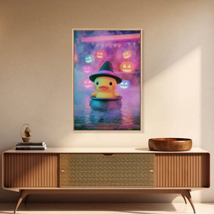 The Duckling Witch, Cute Spooky Neon Art, Vertical Wall Art, Canvas Print, Retro Halloween Decor, Neon Wall Art, Gothic Home Decor