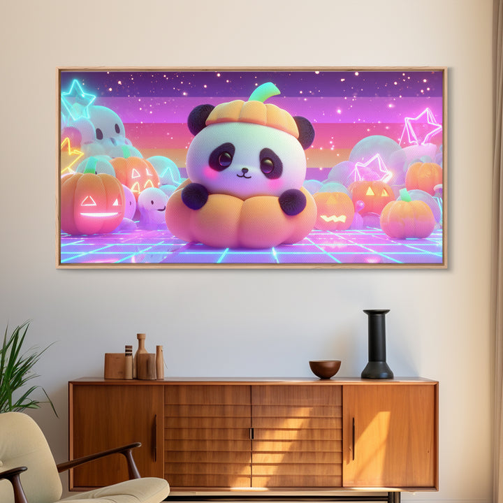 The Panda Pumpkin, 80s Halloween Wall Art, Wide Panoramic Art, Framed Canvas Print, Retro Halloween Decor, Neon Wall Art, Dark Fantasy Art