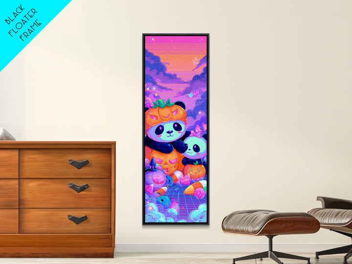 The Panda Pumpkin, 80s Halloween Wall Art, Tall Narrow Wall Art, Framed Canvas Print, Retro Halloween Decor, Neon Wall Art
