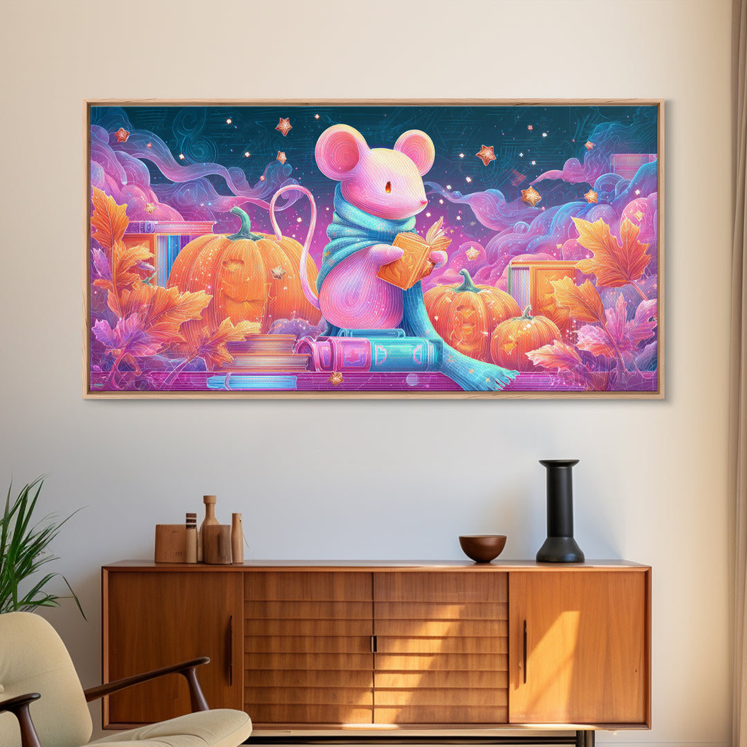 The Magician Mouse, 80s Halloween Wall Art, Wide Panoramic Art, Canvas Print, Retro Halloween Decor, Neon Wall Art, Dark Fantasy Art