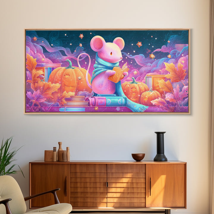 The Magician Mouse, 80s Halloween Wall Art, Wide Panoramic Art, Canvas Print, Retro Halloween Decor, Neon Wall Art, Dark Fantasy Art