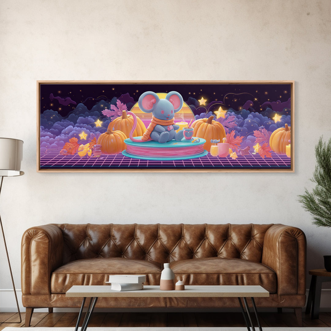 The Magician Mouse, Cute Spooky Neon Art, Extra Wide Wall Art, Canvas Print, Retro Halloween Decor, Neon Wall Art, Gothic Home Decor