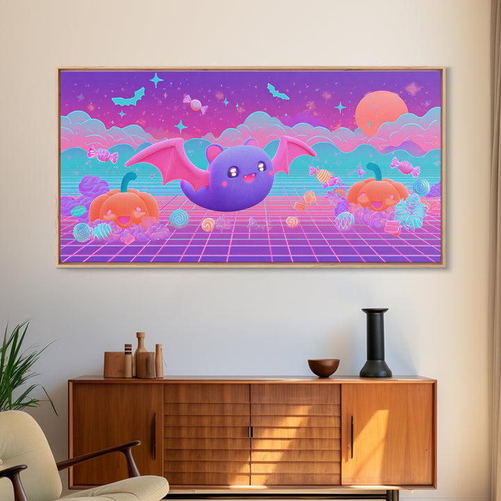 The Bat-Winged Otter, 80s Halloween Wall Art, Wide Panoramic Art, Framed Canvas Print, Retro Halloween Decor, Neon Wall Art