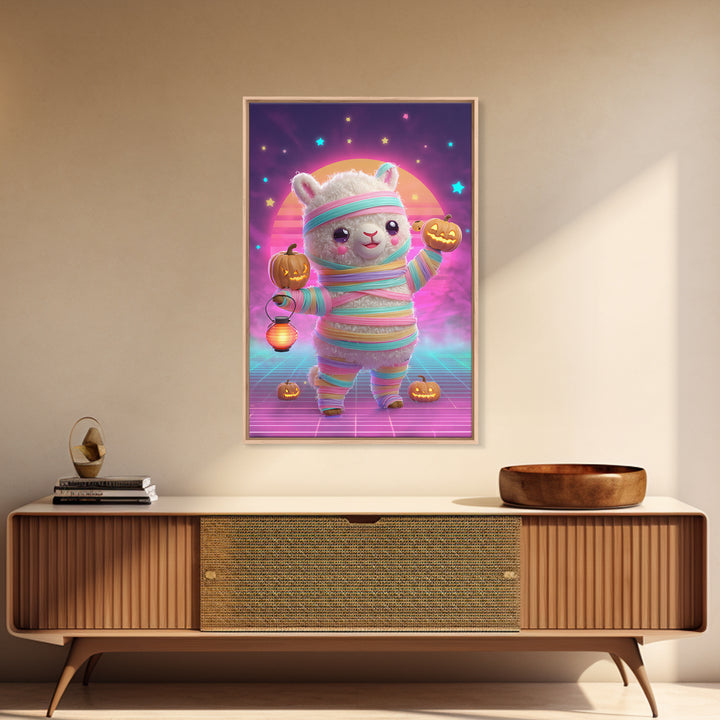 The Llama Mummy, Cute Spooky Neon Art, Vertical Wall Art, Framed Canvas Print, Retro Halloween Decor, Neon Wall Art, Macabre Wall Art