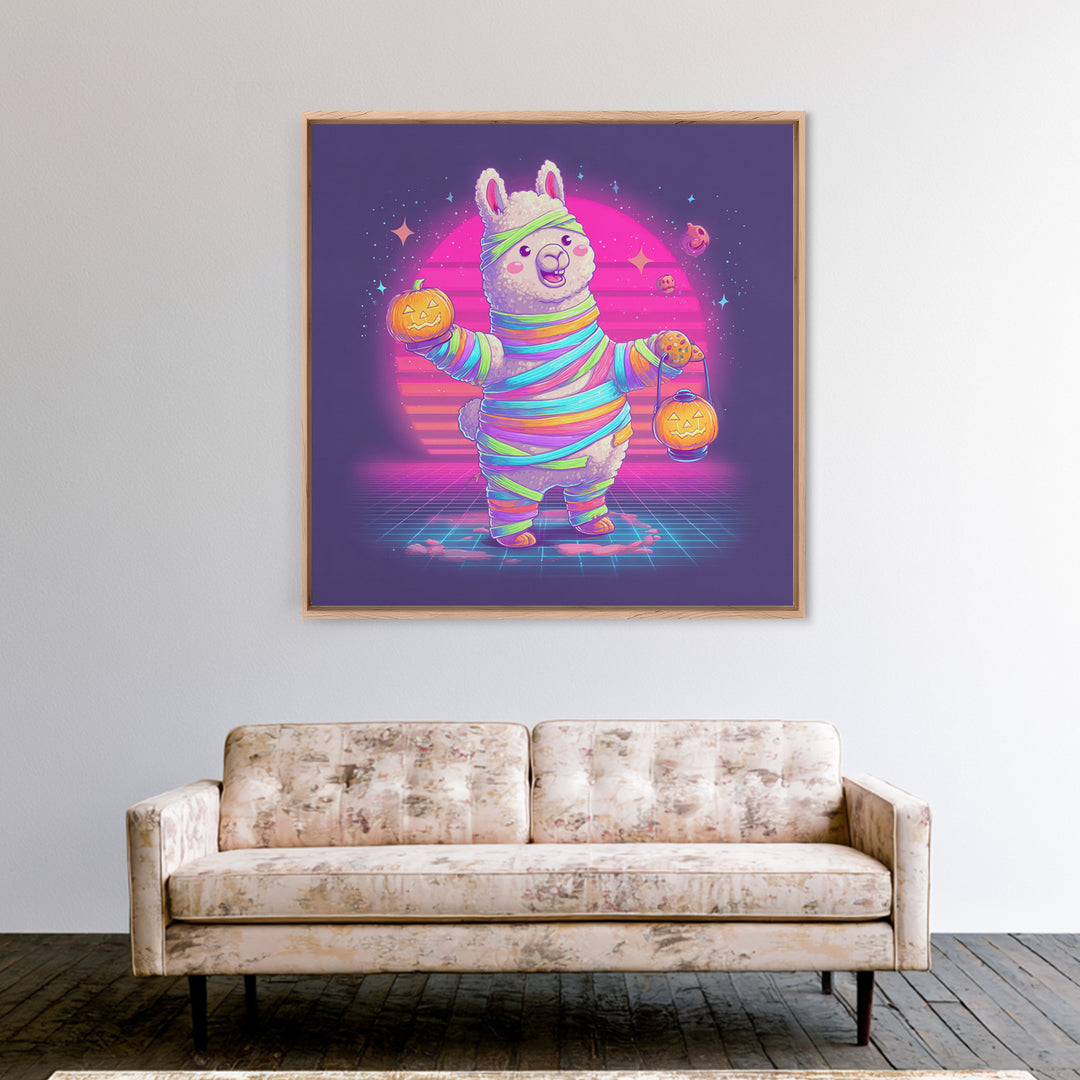 The Llama Mummy, Synthwave Halloween Art, Square Wall Art, Framed Canvas Print, Retro Halloween Decor, Neon Wall Art, Collectible Wall Decor