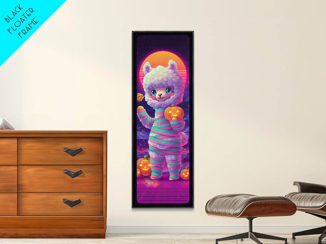 The Llama Mummy, Cute Spooky Neon Art, Tall Narrow Wall Art, Framed Canvas Print, Retro Halloween Decor, Neon Wall Art, Dark Fantasy Art