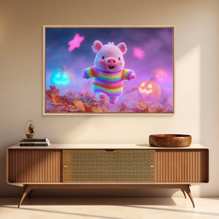 The Candy Corn Piglet, Cute Spooky Neon Art, Landscape Wall Art, Framed Canvas Print, Retro Halloween Decor, Neon Wall Art