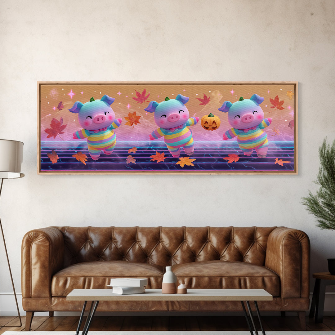 The Candy Corn Piglet, Synthwave Halloween Art, Extra Wide Wall Art, Framed Canvas Print, Retro Halloween Decor, Neon Wall Art