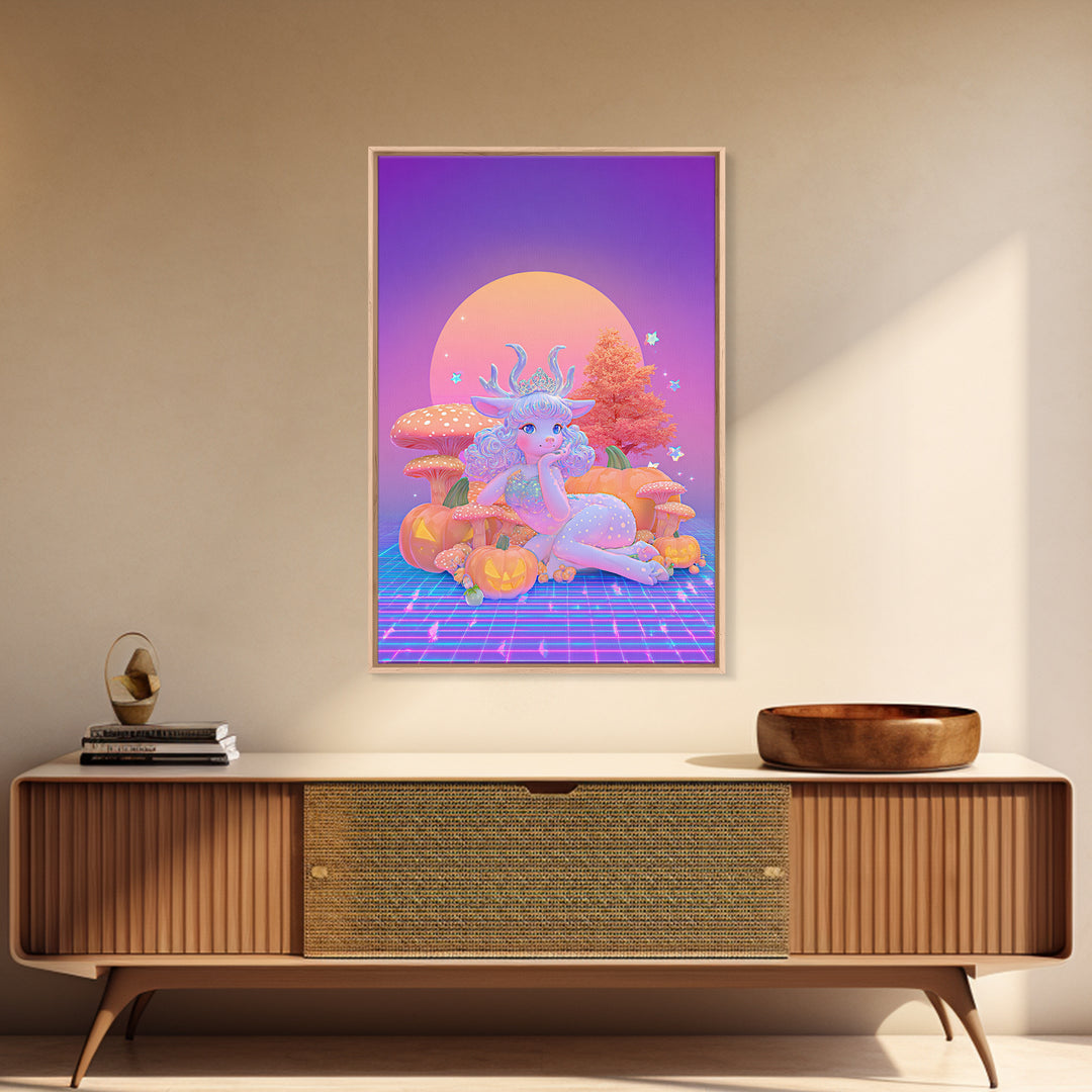 The Moon Princess Deer, Synthwave Halloween Art, Vertical Wall Art, Framed Canvas Print, Retro Halloween Decor, Neon Wall Art
