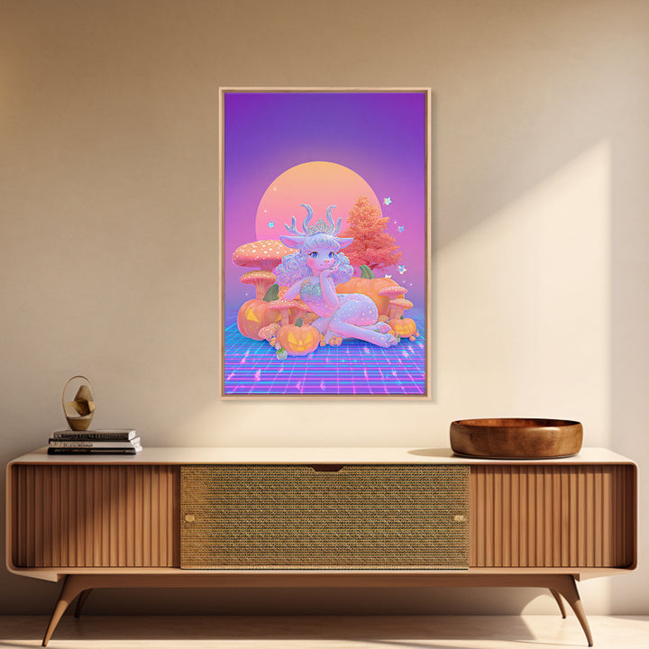 The Moon Princess Deer, Synthwave Halloween Art, Vertical Wall Art, Framed Canvas Print, Retro Halloween Decor, Neon Wall Art
