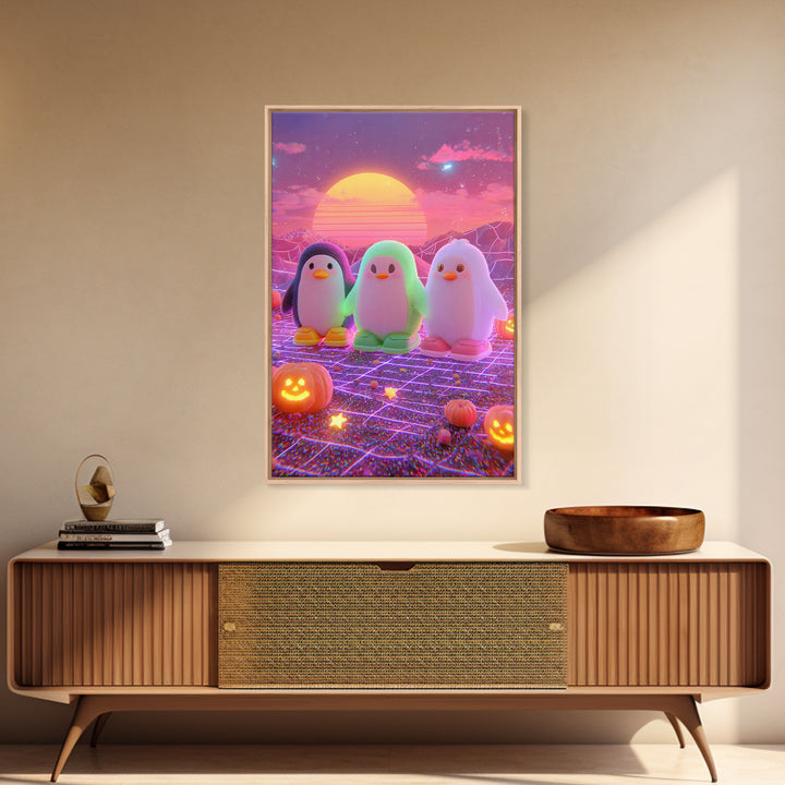 The Penguin Monster, Cute Spooky Neon Art, Vertical Wall Art, Framed Canvas Print, Retro Halloween Decor, Neon Wall Art, Gothic Home Decor