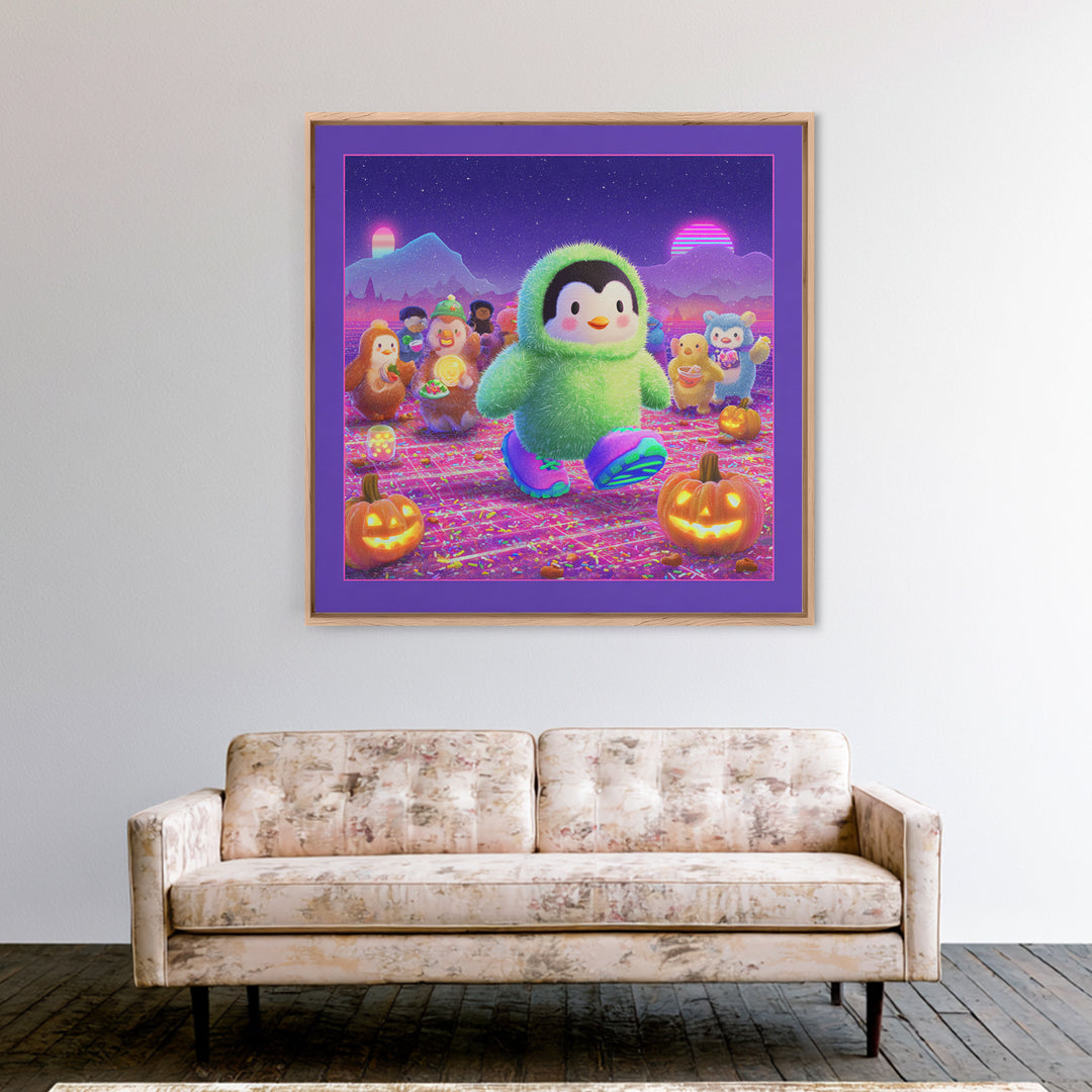 The Penguin Monster, Vaporwave Halloween Decor, Square Wall Art, Canvas Print, Retro Halloween Decor, Neon Wall Art, Gothic Home Decor