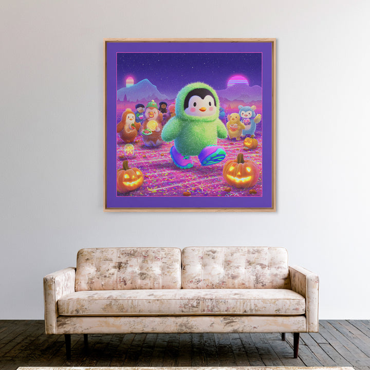 The Penguin Monster, Vaporwave Halloween Decor, Square Wall Art, Canvas Print, Retro Halloween Decor, Neon Wall Art, Gothic Home Decor