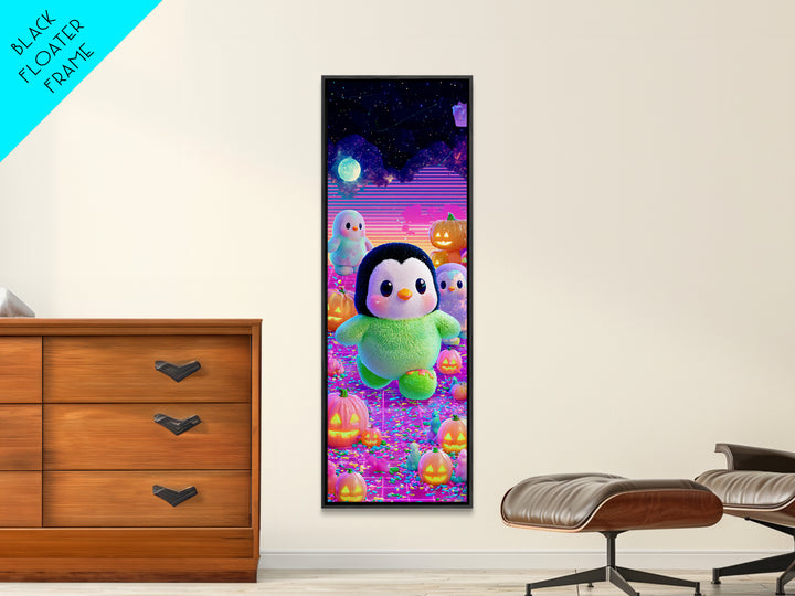 The Penguin Monster, Cute Spooky Neon Art, Tall Narrow Wall Art, Canvas Print, Retro Halloween Decor, Neon Wall Art, Spooky Wall Decor