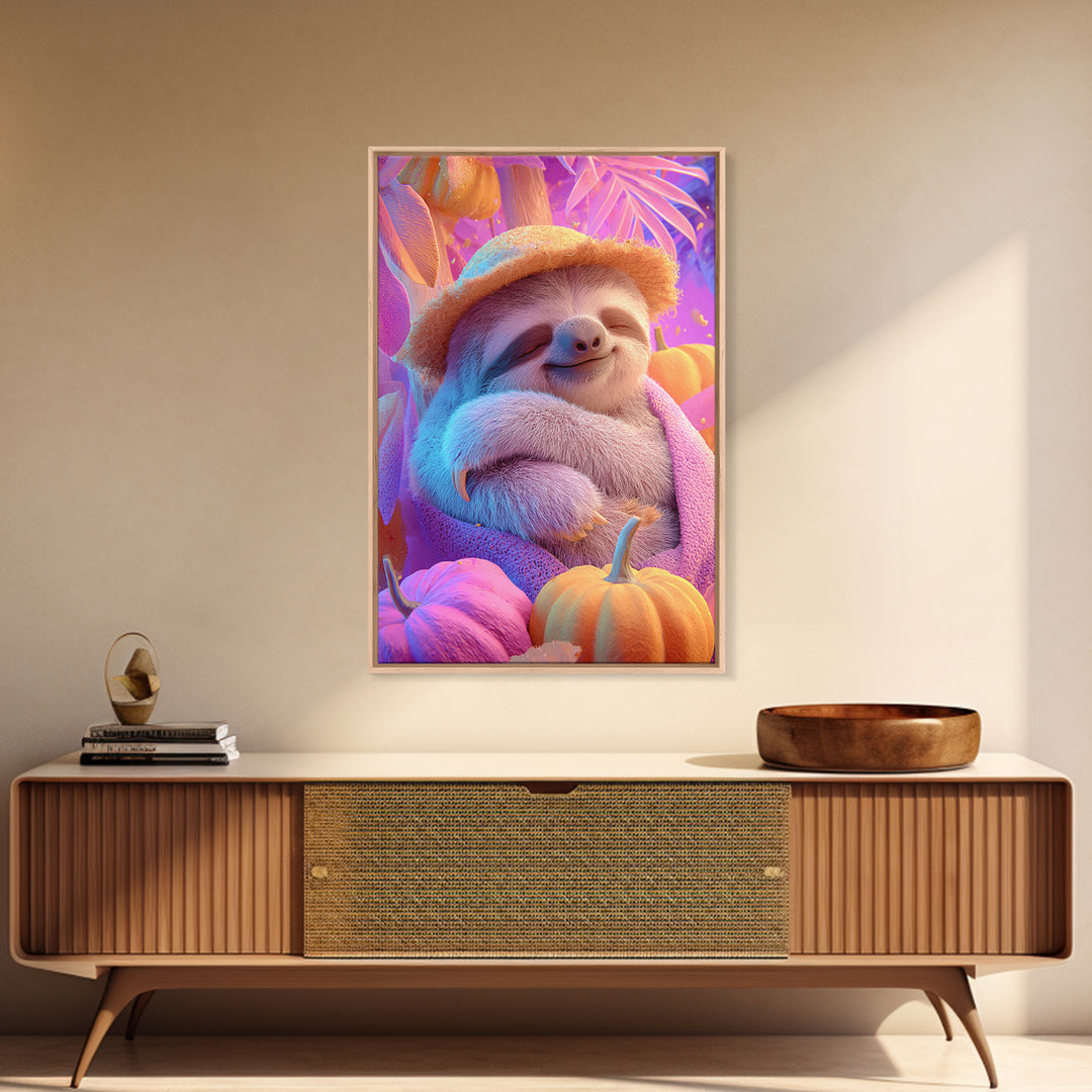 The Scarecrow Sloth, 80s Halloween Wall Art, Vertical Wall Art, Canvas Print, Retro Halloween Decor, Neon Wall Art, Gothic Home Decor