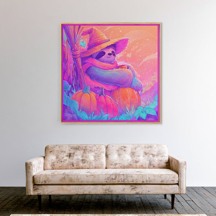 The Scarecrow Sloth, Cute Spooky Neon Art, Square Wall Art, Framed Canvas Print, Retro Halloween Decor, Neon Wall Art, Spooky Wall Decor