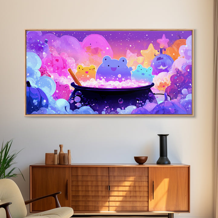 The Cauldron Frog, 80s Halloween Wall Art, Wide Panoramic Art, Canvas Print, Retro Halloween Decor, Neon Wall Art, Seasonal Home Decor