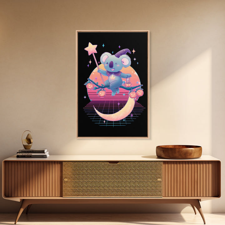 The Koala Wizard, Retro Neon Halloween Art, Vertical Wall Art, Canvas Print, Retro Halloween Decor, Neon Wall Art, Statement Wall Art