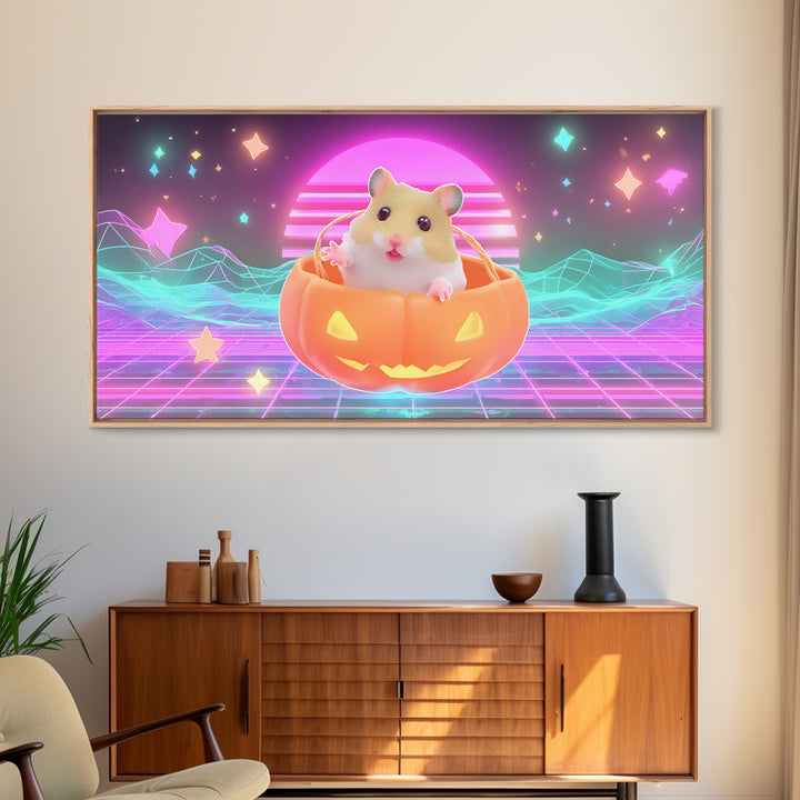 The Pumpkin Hamster, Retro Neon Halloween Art, Wide Panoramic Art, Framed Canvas Print, Retro Halloween Decor, Neon Wall Art