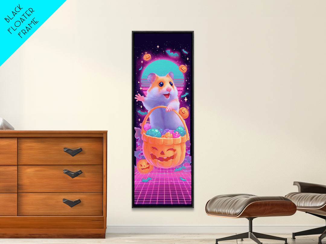 The Pumpkin Hamster, Synthwave Halloween Art, Tall Narrow Wall Art, Framed Canvas Print, Retro Halloween Decor, Neon Wall Art