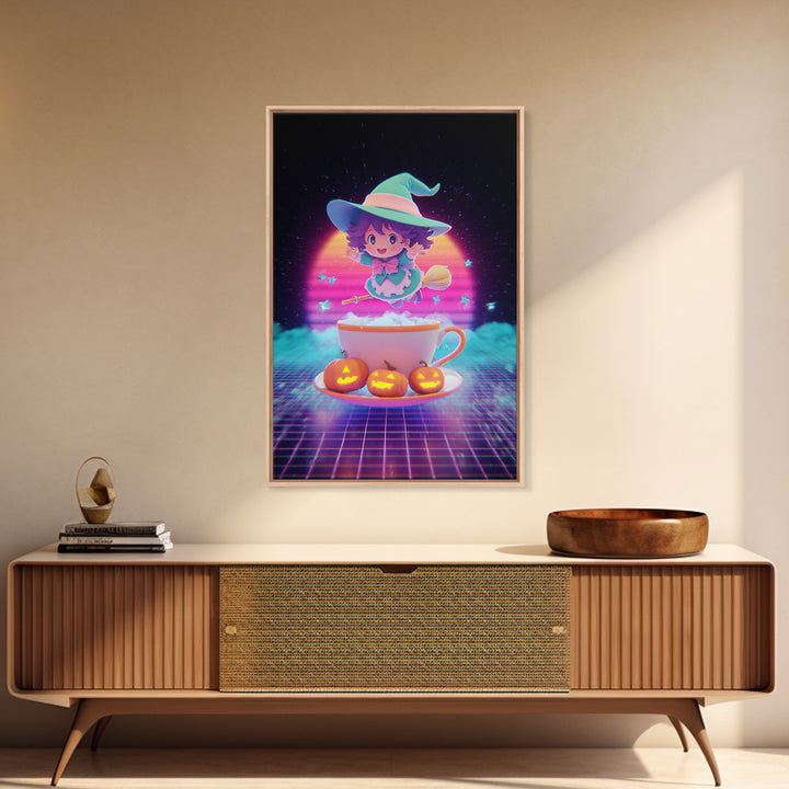 The Teacup Witch, Cute Spooky Neon Art, Vertical Wall Art, Framed Canvas Print, Retro Halloween Decor, Neon Wall Art, Seasonal Home Decor